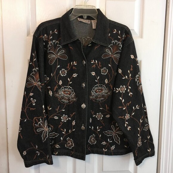 New Directions Floral Embroidered Denim Jacket - Picture 1 of 6